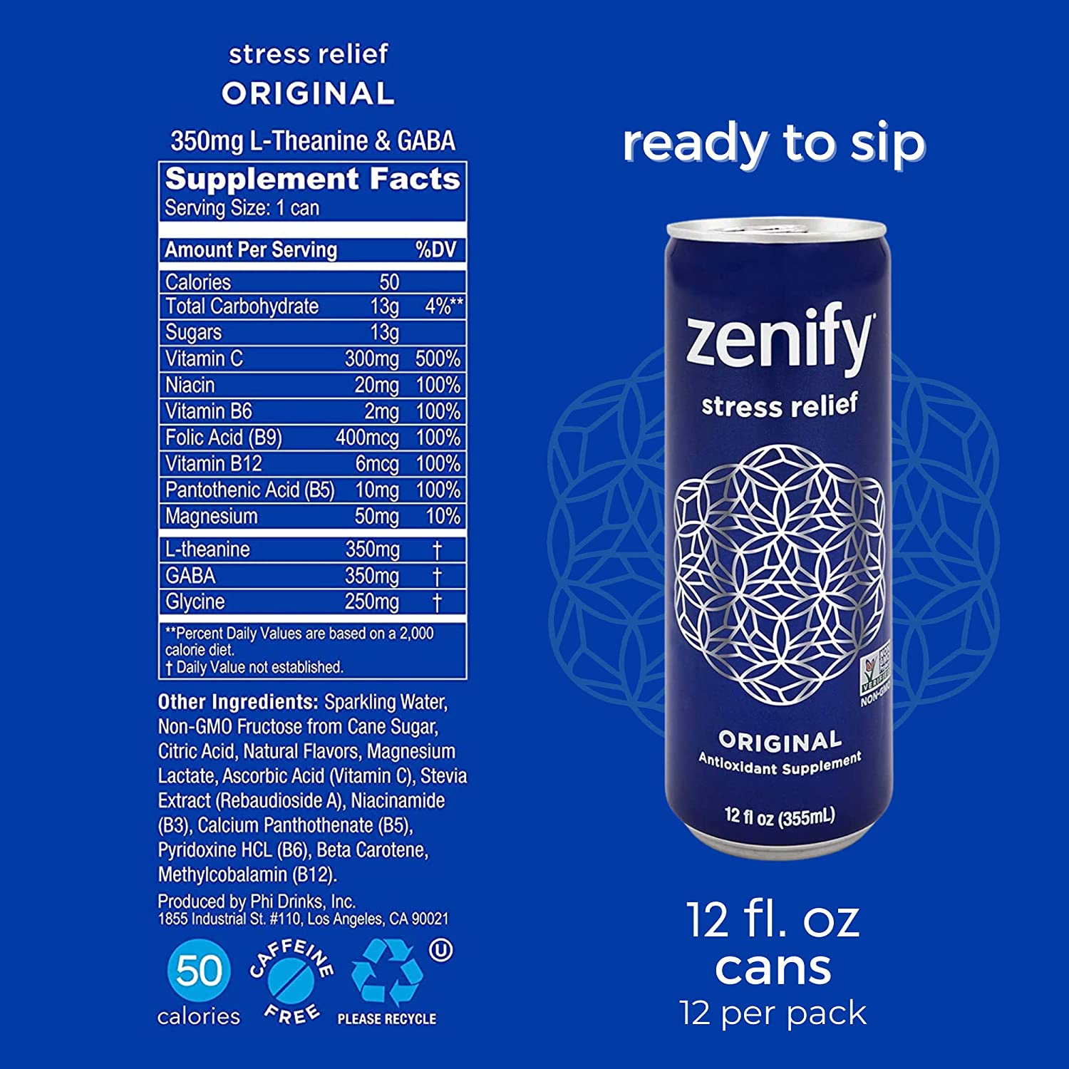 Zenify Original All Natural Sparkling Calming Stress Relief Beverage， Formula with L-Theanine， GABA， Vitamin B6， and Glycine， Non-GMO， Gluten-Free， Vegan， 12 Fl Oz， Pack of 12， (2010056) - Image 3